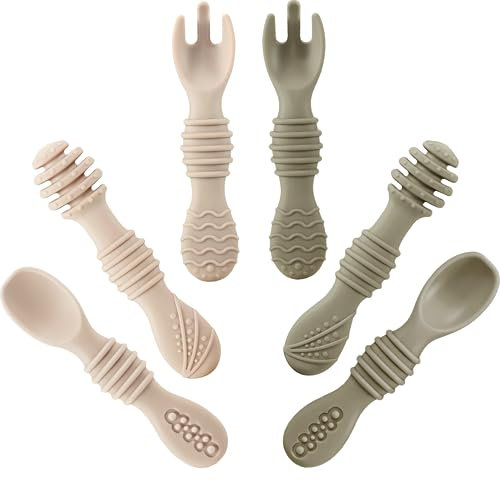 PandaEar Lot de 6 Cuillères et Fourchettes en Silicone pour Bébé | Ustensiles d’Apprentissage en Silicone Sans BPA pour la Diversification Alimentaire dès 6 Mois