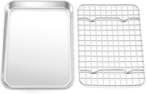 TeamFar Toaster-Ofenform mit Rost-Set, 22,9 x 17,8 x 2,5 cm, Edelstahl, kompakter Toaster, kleine Backform mit Mini-Kühlgitter, gesund und robust, spülmaschinen- und ofenfest, 2 Stück