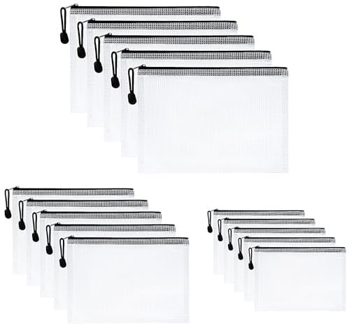 Vicloon Plastic Wallets, 15Pcs A3 A4 A5 Plastic Pockets Zipper File Wallet, Zip Lock Bags Mesh Document Wallet Document Folders for School Office Homework Travel Storage Bags (Black Zipper)