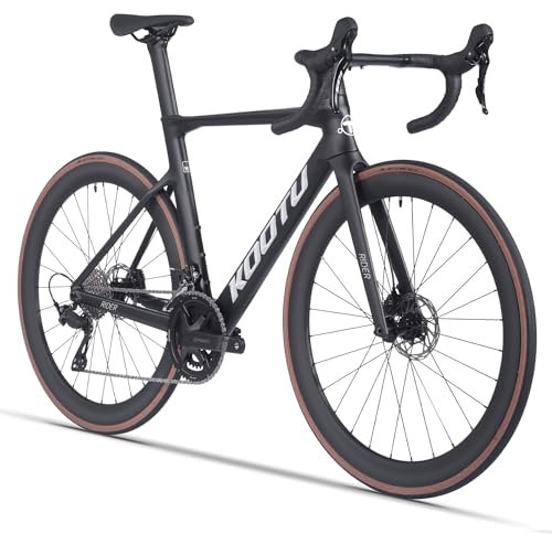 KOOTU Carbon-Rennrad, Vollcarbon-Scheibenbremse Leichtbau-Rennrad mit Shimano R7120 24-Gang-Gruppenschaltung und hydraulischer Scheibenbremse für Erwachsene(Black,47cm)