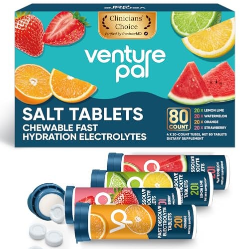 Venture Pal Chewable Electrolyte Tablets, 80 Count Fast-Dissolve Sugar-Free Stick Salt Tablets,Gluten Free – Variety Pack for Rapid Hydration, Outdoor Running, Hiking | Keto & Vegan Friendly | 4 Pack