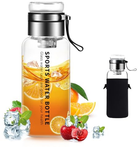 Grande bouteille d'eau en verre borosilicate transparent avec infuseur à thé en acier inoxydable – Couvercle avec fonction tasse, manchon en néoprène, sangle – Large goulot sans BPA, pour thé,