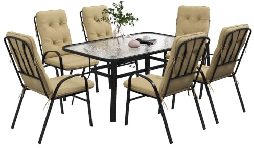 Outsunny 7 Pieces Garden Dining Set Outdoor Square Dining Table Beige | 4 Cushioned Armchairs, Tempered Glass Top, Umbrella Hole, Texteline Seats