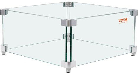 VEVOR Pare-vent pour Foyer à Gaz, 380x380x180 mm Pare-vent en Verre Trempé pour Brasero Écran de Protection Carré Pare-flamme Robuste Coupe-vent Stable Épaisseur 8 mm avec Support de Coin Dur et Pieds
