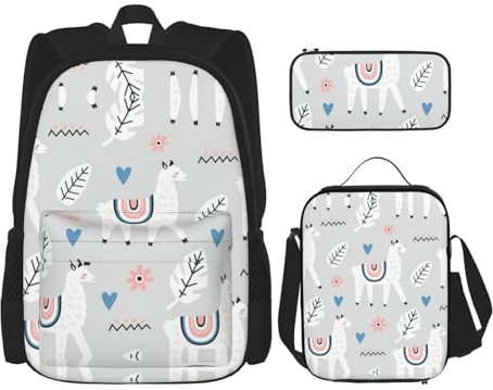 SUHNGE Schulrucksack-Set mit Leoparden- und Palmblättern, 3-in-1-Büchertaschen-Set mit Lunchbox, Federmäppchen, Reise-Laptop-Tagesrucksäcke, Alpaka, Einheitsgröße