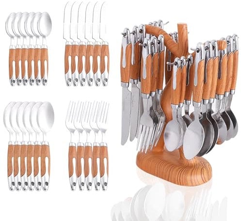 Silver Flatware Set - Service for 6, 24PCS Stainless Steel Imitation Wood Grain Handle Silverware Set with Holder, Cutlery Set Include Knife Fork Spoon Utensil for Daily Use and Party