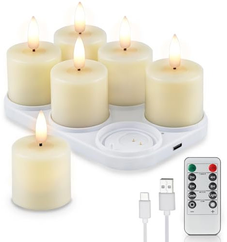 Rhytsing Set of 6 Rechargeable Flameless Votive Candles with Timer for Home Decor, Led Faux Battery Operated Tealight Candles with Charging Base, Type-C USB Cable and Remote Included - D4cm x H6.8cm