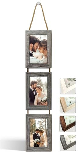 NEOWS Portafotos Múltiple Decorativo para Colgar en Pared - Marcos de Fotos Multiples de Madera Con Cuerda - Collage Portarretratos Colgante - Fotos 10x15 cm (Gris Roble, 3 Fotos Vertical)