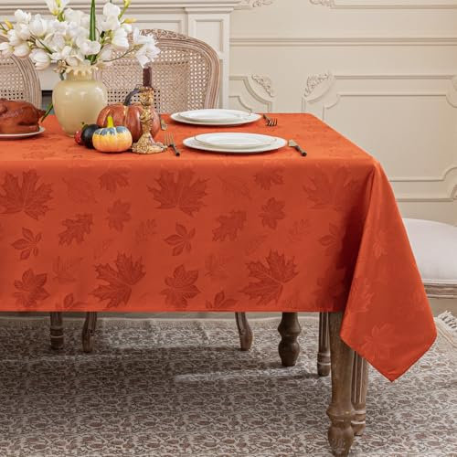 Softalker Herbst Tischdecke 320x140 cm Abwaschbare Rechteckige Tischdecke mit Ahornblatt-Jacquard Muster Rostorange Extra Lang Wasserabweisend Tischtuch für Esstisch Gartentisch Herbstdeko Outdoor
