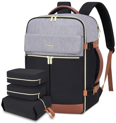 LOVEVOOK Rucksack Handgepäck Flugzeug, Reiserucksack Damen Groß 40L Handgepäck Tasche, 45x36x20 Carry On Luggage Weekender Travel Backpack, Laptop Rucksack 17 Zoll Für Reise Business, Grau Schwarz
