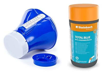 Steinbach | Dosierschwimmer Starter Kit inkl. Total Blue | mit integriertem Thermometer | langsamlöslich 20 g | Poolwasser sauber und kristallklar | ideal zur Poolpflege