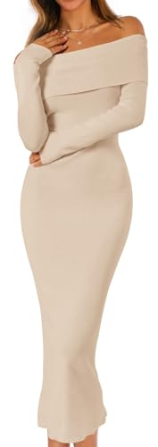 MEROKEETY Women's Winter Off Shoulder Bodycon Sweater Dress 2026 Spring Formal Long Sleeve Elegant Club Party Midi Dresses, Apricot, Medium