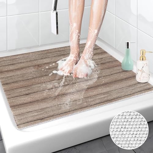 Duschmatte rutschfest 80x80 cm, Komfort Weiche-Massage-Badematte mit Drainage, Schnelltrocknende Badezimmermatten, Waschbare PVC-Luffa-Duschmatte für Duschkabine Braun