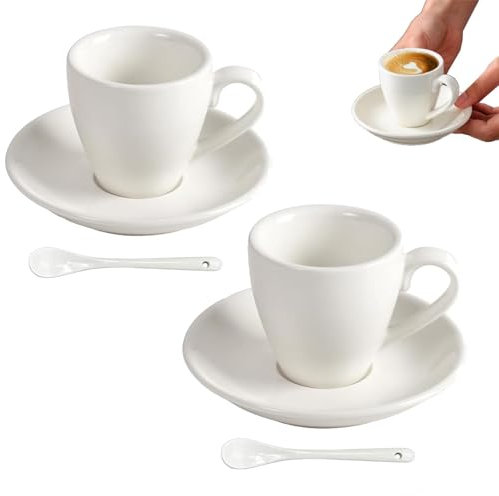 Lunpog Espressotasse aus Porzellan mit Untertasse und Löffeln aus Edelstahl, Espresso-Schnapsbecher, 80 ml, Weiß( 2 Stück mit2 Löffeln)