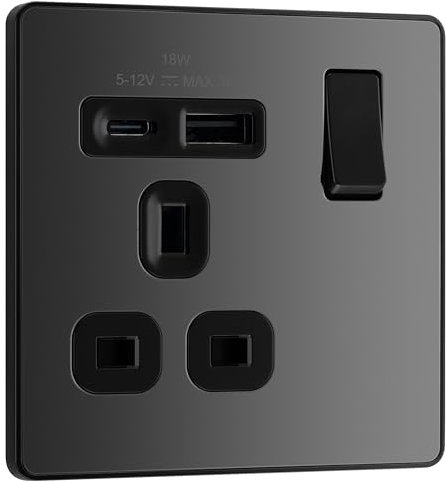 BG Electrical Single Switched Power Plug Wall Socket with Type A USB and Type C USB Charging Ports, Fast Charge, Screwless Front Plate, Evolve, Black Chrome, 13A, 18W, PCDBC21UAC18B