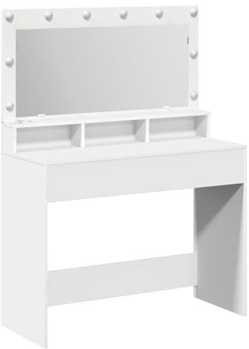 vidaXL Moderner weißer Schminktisch mit LED-Lichtern und Spiegel, schicke MDF-Schminkstation für Schlafzimmerdekoration, kompaktes Design, ideale Pflegeutensilien, leichtes Möbelstück, Stauraum