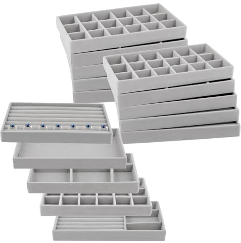SINJEUN 15 Stück Schmucktablett Set Stapelbar, Grau Samt Schmuck Organizer Schublade, Schmuckaufbewahrung für Schubladen, Ringhalter, Schaumstoff Einsätzen, 21 x 12,5 x 2,5 cm