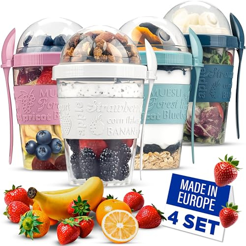 Anista 4 Pack Overnight Oats Jars with Lids (600ml) Reusable Yogurt Pots & Breakfast Containers – Leakproof Oatmeal Jars for Granola, Porridge, Yoghurt – Plastic Breakfast Pots with Spoon