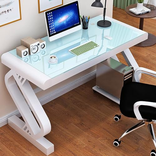 Bureau d'ordinateur en verre trempé, bureau moderne avec plateau en verre et cadre en métal en forme de Z, bureau d'écriture robuste, bureau d'étude, bureau de jeu pour poste de travail à domicile