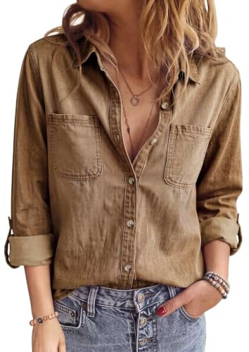 PASUDA Jeanshemd Damen V-Ausschnitt Button Down Jeansbluse Langarm Casual Western Hemden Jeansjacke Frühling Herbst Hemdbluse Oberteile mit Brusttaschen