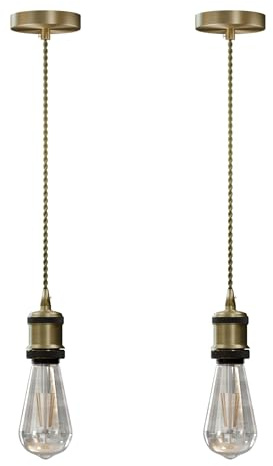 Vintage E27 Pendant Light Fitting – Brass Hanging Ceiling Lamp Kit with Twisted Fabric 2m Cable & Rose – Industrial Retro Style for Kitchen, Bar, Dining Room – Pack of 2