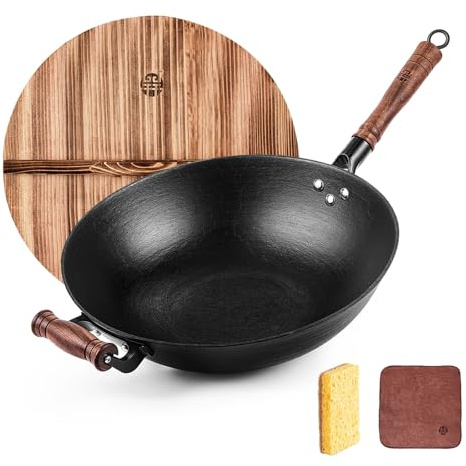 WANGYUANJI Wok - Padella wok in ghisa, 34 cm