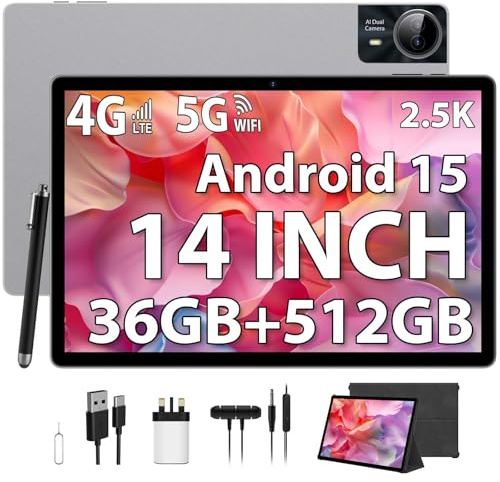 LINROM 2.5K Android 15 Tablet 14 inch, 36GB RAM, 512GB ROM (2TB Expansion), 4G Lte/5G WiFi, INCELL 2240 x 1400 FHD, 11580mAh, Octa-Core 2.0GHz, 13MP+8MP, Tablet with Case/GPS/Bluet 5.0 (Silver)