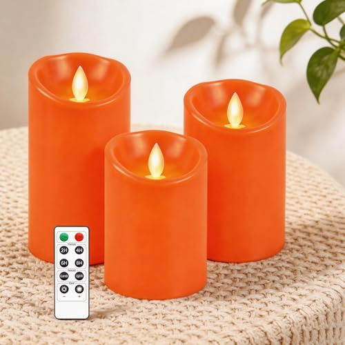AiiBowy Led Kerzen [3er Set] Flammenlose Echtwachs Flackernde Dimmbar mit Fernbedienung Weihnachtskerzen led kerzen adventskranz 4/5/6” Tischdeko, Halloween, Weihnachten, Hochzeit, Party (Orange)
