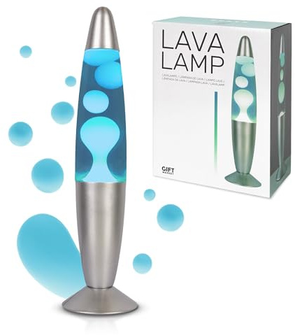 GIFTMARKET- Blaue Lavalampe mit Chromfuß. Retro Tischlampe 34 x 8,5 cm mit 2 Glühbirnen. Stylisches Geschenk für Jugendliche. Perfekte Lampe für Nachttisch oder Zimmer.