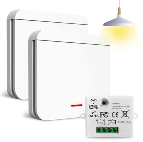 Interruptores Inalámbricos, Interruptor Transmisor de 230 V sin necesidad de cableado, Mando Transmisor para luces, control de la iluminación interior y exterior (1 receptor y 2 interruptor)
