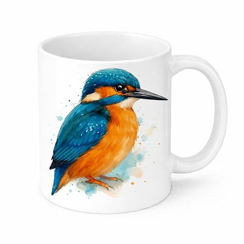 Brew Crew Gifts Kingfisher Bird Watercolour Mug, White Ceramic, 11 oz, Wildlife Theme, Dishwasher Safe