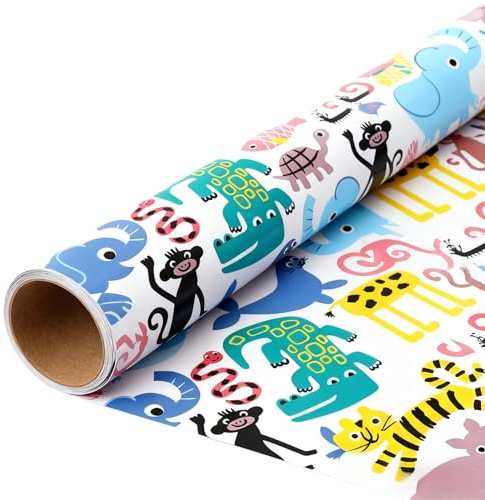 Komforbaa Cartoon Tier Geschenkpapier Rolle,43cm×10m,Packpapier für Babypartys,Geburtstage,Perfekt für Baby,Kind-Buntes Tier Geschenkpapier