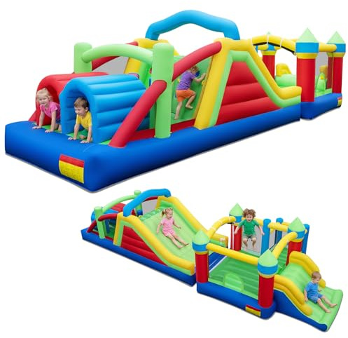 GOPLUS Château Gonflable Enfant XXL 2 Toboggans, Tunnels, Zone de Saut, Mur d’Escalade, Aire de Jeux Gonflable Extérieur pour 4 Enfants 3-10 Ans Charge 180KG, sans Souffleur (XXL sans Souffleur)