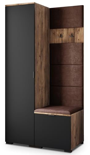 Masseno Flugarderoben Set Lori, Kleiderschrank-Set mit Sitzbank, Garderobenschrank Flur mit 3 Regalböden, Eiche Lefkas/Schwarz