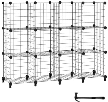 12-Cube Wire Grid Storage Rack, Cube Wire Grid Stackable Storage Shelves, Metal Wires Fence DIY Combination Display Stand Unit,Cube Interlocking Storage Rack,Shoe Cabinet Modular Mesh Panel Organizer