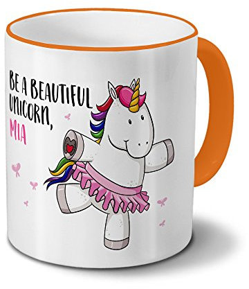 printplanet Tasse mit Namen Mia - Motiv Witziges Einhorn - Namenstasse, Kaffeebecher, Mug, Becher, Kaffeetasse - Farbe Orange