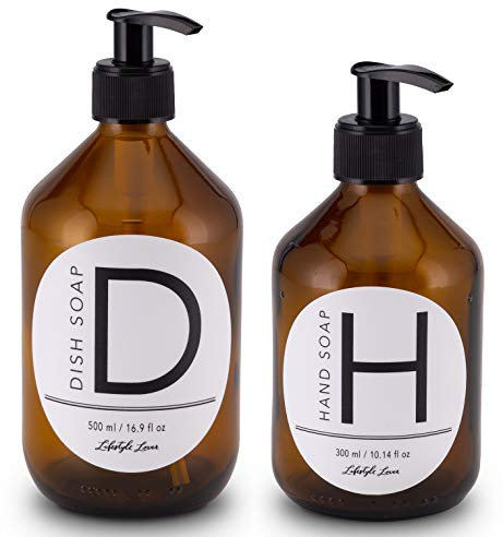 Lifestyle Lover 2er Pack Seifenspender aus Braunglas, Bernsteinfarben für Seife, Spüli, Dish Soap 'D' 500ml & Hand Soap 'H' 300ml
