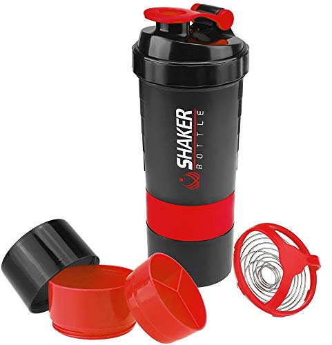 VIGIND Protein Shaker Bottle - Sports Water Bottle - Non Slip 3 Layer Twist Off 3oz Cups with Pill Tray - Leak Proof Shake Bottle Mixer- Protein Powder 16 oz Shake Cup with Storage