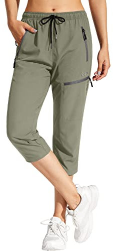 MOCOLY Pantalon Randonnée Femme Léger à Séchage Rapide Imperméable en Plein Air Pantalons 3/4 Montagne Chasse Travail Sport Cargo Extensible Pantacourt été Taille Elastique avec Poche Zippée UPF 50 M
