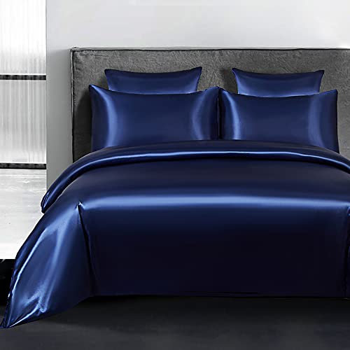Omela Bettwäsche Satin 200x200 Blau Einfarbig Glatt Glänzend Bettbezug mit Reißverschluss 3 Teilig 100% Glanzsatin Polyester Sommerbettwäsche Set Kissenbezüge 80x80 cm