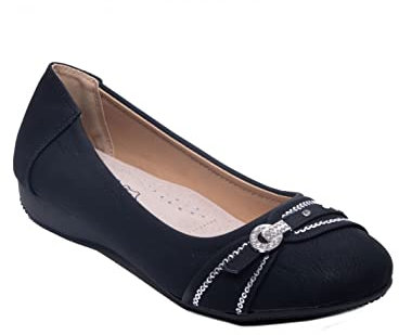 Primtex Ballerines Femme Semelle Cuir Noir, Blanc, Marine, Souples Boucle argentée Strass Semelle