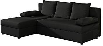 MOEBLO Ecksofa mit Schlaffunktion mit Bettkasten Couch L-Form Polstergarnitur Wohnlandschaft Polstersofa mit Ottomane Couchgranitur - ARON (Schwarz (Sawana 14), Ecksofa Links)