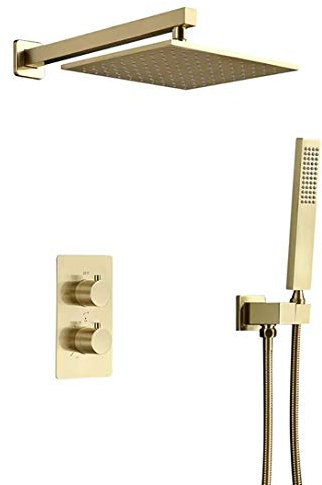 Lopus Duschsystem, Wand montiertes Thermostat Messing Duscharmaturen aus gebürstetem Gold mit 10-12 Messing Quadrat Regenduschkopf und Handbrause, Luxus Duschset,12 inch