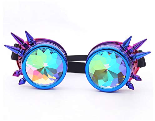 ZAIQUN Steampunk Brille, Kaleidoskop Brille mit Regenbogen Kristallgläsern, Vintage Gothic Rave, Blau / Violett, One size