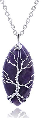 Thajaling Vintage Amethyst Reiki Healing Crystal Pendant Necklace Silver Tree of Life Wire Wrapped Purple Stone Gemstone Chakra Necklace
