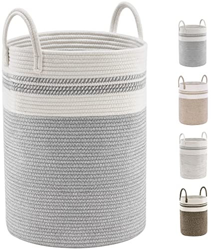 YOUDENOVA Cotton Rope Basket Large Blanket Basket Woven Storage Basket Toy Storage Organiser Nursery Decor Laundry Hamper with Handle 58L (38cm(D) x50cm(H), Z-grey)