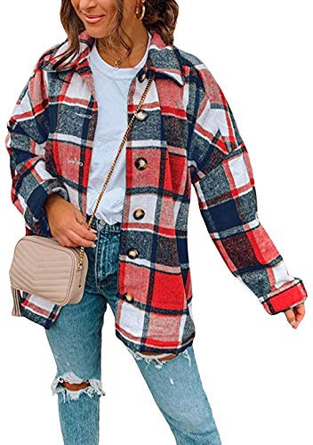 OMZIN Kariertes Damen Taschen Knöpfen Langarm Oversize Bluse Mantel Hemdjacke Holzfällerjacke Mode Boyfreind Jeansjacke Rot XL