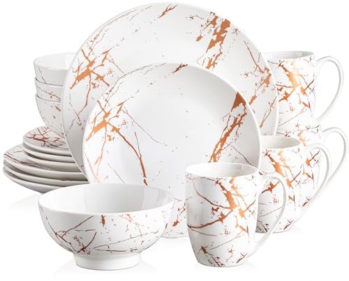 LOVECASA 'Daphne', 16 Pieces Porcelain Dinner Set Color Glaze with Gold Plate Crockery Set Kitchen Dinnerware Set with Dinner Plates, Dessert Plate, Bowls and Mugs, Service for 4, White