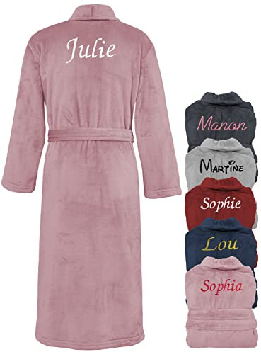 KDO MAGIC Peignoir femme personnalisé - Robe de chambre personnalisable - Prénom brodé - Cadeau Maman Noël, Saint-Valentin, anniversaire, fête des mères (M, Rose)