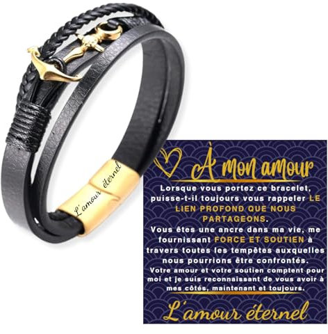 HALUKAKAH Regalo per Uomo Compleanno Natale: Bracciale in Pelle con Ancora in Titanio Placcato Oro 24k 21,5cm. L'amour éternel Inciso, con Un Bellissimo Biglietto di Auguri e Confezione Regalo